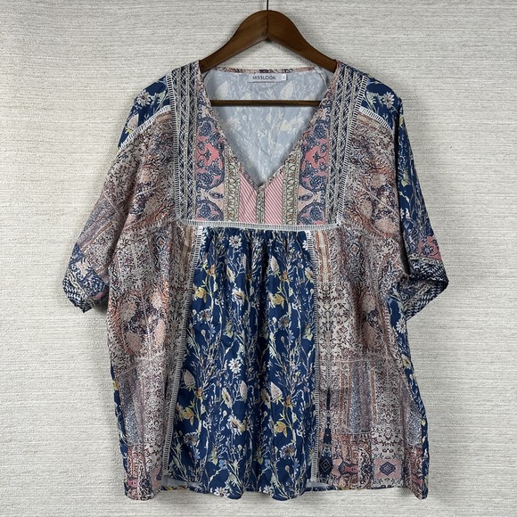MISSLOOK Tops - Misslook Women's XXL Boho Hippie Cottagecore Floral Faux Patchwork Print Fairy